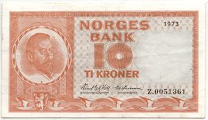 10 kroner 1973 Z.0051361 erstatningsseddel. Kv.1