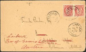 53 I. 20 øres porto til Kypros, der brevet er omadressert til Østerrike. 10 øre 20 mm i horisontalt par på konvolutt, stemplet "Tvedestrand 1.7.1887". Ved siden transittstemplet "Larnaca Cyprus Jy 22 87". Fem stempler på baksiden.