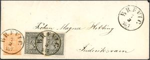 11,12. To 1 skill 1 og en 2 skill 2 på konvolutt, stemplet "Brevig 7.3.1870" og sendt til Frederiksværn.