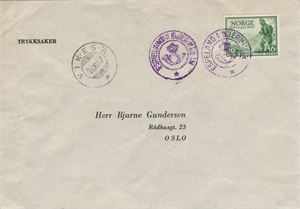 Kronet Posthorn ESPELAND I BJERKREIM (RO / 9). Fiolette avtrykk på trykksakbrev frankert med NK 360, sidestemplet VIKESÅ SL 18 XII 47 (4 pkt).