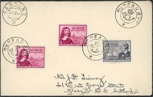 254. To 5 øre- og en 30 øre postjubileum på kort, anert med KPH "M/B Farøy" og ved siden stemplet "Farsund 25.11.47".