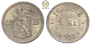 10 øre/3 sk. 1874 Oscar II. Kv.0