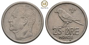 25 øre 1958 Olav V. Prøvemynt. Kv.1+