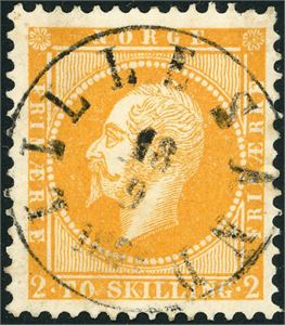 2. 2 skilling Oscar, fullstemplet "Lillesand 13.9.1864". Meget god farge.