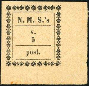 Madegascar Misjonsmerke nr 1 med valør "v.5" fra nedre, høyree hjørnet av arket. Monteringsspor ytterst i høyre marg.