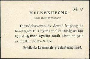 Kristiania kommunale provianteringsraad. Melkekupong for "1/2 liter nysilet melk". Noe slitt i nedre høyre hjørne. 1