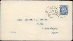 20 øre grovtagget Posthorn på konvolutt, stemplet "Brevik-Kr-Sand.S.B. 7.3.93" og sendt til Ungarn.