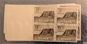NK 311, 15 øre Nordkapp III. Lot 30 stk. fireblokker med marg stemplet Oslo i 1958-59.