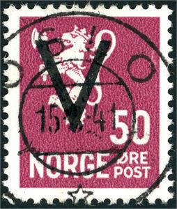 272. 50 øre V med vannmerke, pent stemplet "Oslo 15.8.41". Nær luksus.