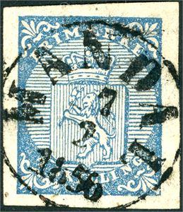 1. 4 skilling våpen 1855, fullstemplet "Mandal 7.2.1856". Gode marger i alle sider.