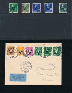 Nk 266, 268b, 269 x2 og 271. V-merker med vannmerke. I tillegg luftpostbrev med V-merker til Finland, ankomststemplet "ROVANIEMI 24.IX.41"