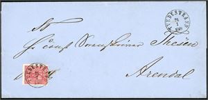 15. 8 skill 8 på dobbeltvektig brevomslag, stemplet "Tvedestrand 24.1.1869" og sendt til Arendal.