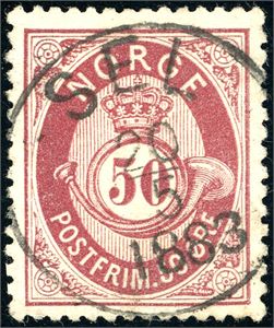 30. 50 øre skravert Posthorn, pent fullstemplet "Sel 20.5.1883".