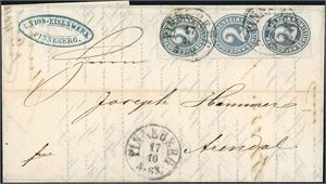 16. Schleswig-Holstein. 6 sh postage to Norway. 2 Schilling in a vertical strip of three in complete letter to Arendal, cancelled "Pinneberg 17.10" in 1867. Transitt postmark "Sandøsund" at reverse.