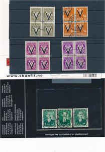 Nk 261, 267, 277 og 280 o i 4-blokker. (Hk 1760). Medfølger 3 stk Nk 350 med tilnærmet fullstempler med utrop 100 kroner på en annen auksjon.