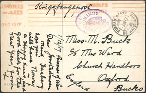 Ufrankert kort, datert 1/12/17 Prisenor of War" på Jøstadmoen, stemplet "Bureau Réexp. De Kristiania" samt norsk sensurstempel "kontrollert I1" og sendt til Oxford, England.