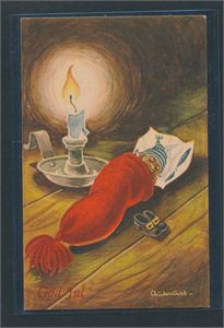 KUNSTNERKORT AUKRUST Nisse som sover i vott (Oppi 583/2). Postsendt 1944