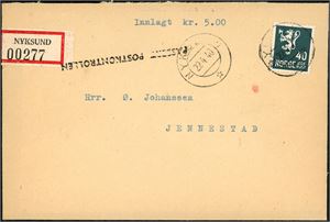 209. 40 øre Løve på bankokonvolutt (kr 5,-), stemplet "Nyksund 22.4.40". Ved siden sensurstempel "Passert postkontrollen" i svart.