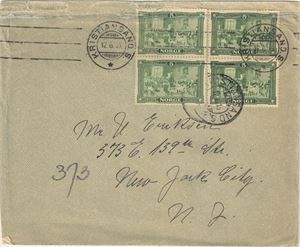 NK 114. Brev med 4-blokk sendt til New York, stemplet "Kristiansand" 12-06-1915. Brevet er rufsete og har kvalitetsanmerkninger øverst.