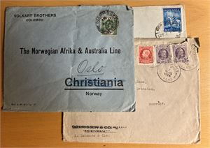 PERFINS 3 brev Belgia 1924, Ceylon  og Romania, 2 til Norge, 1 til Tyskland