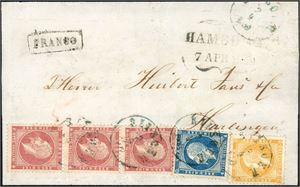 2,4,5. 30 skilling porto til Holland. 2 skilling-, 4 skilling- og tre 8 skilling Oscar på brevomslag til Harlingen, stemplet "Riisøer 2.4.160" i blått. Ved siden "Hamburg"-butterfly-stempel. "KDOPA Hamburg" stemplet på baksiden.