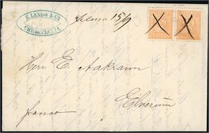 12. 2 skill 2 i horisontalt par på komplett brev datert "Christiania", anert med blekkryss og ved siden håndskrevet "Jebanen 15/9" (Jernbanen) og sendt til Elverum. Høyre 2 skilling med kort hjørnetagg.