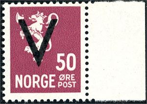 272. 50 øre V med vannmerke med arkrand i høyre side. Signert Aune. (3.800,-).