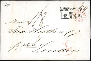 Komplett brev, stemplet "Christiania 29.9.1846" i rødt og sendt til London. Transittstemplet "Strømstad 30.9.1846" samt et ovalt stempel " 6 Oct" på forsiden. Baksiden med bl.a. et rødt "MX 11 Oct 1846".