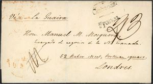 En entire with "Caracas Franca" cds and handwritten "Via La Guaira" and sent to London. On reverse "La-Guaira Au 15 1842" cds in red.