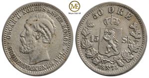 50 øre/15 sk. 1875. Oscar II. Kv.1+