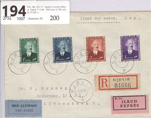 FDC NK 350-53  Haakon kronemerker, st. Gjøvik 7-6-46.  REK brev til DK ank. St. (1.600.-)