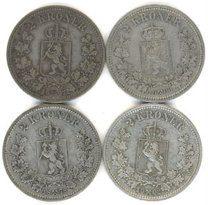 10 stk norske 2 kroner fra 1878 til 1902: 1878 (3), 1890, 94, 97, 1900 og 1902 (3). VK
