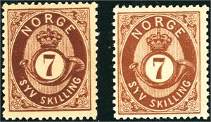 21 II,III. To stk 7 skilling Posthorn, den ene med mørkt lim. (4.000,-).