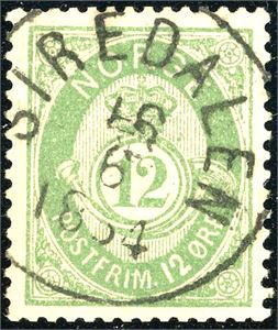 44. 12 øre mattgrønn, pent stemplet "Siredalen 16.6.1884".