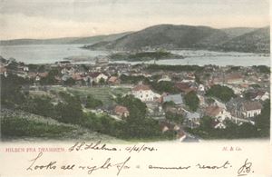 Drammen, hilsen fra (M&Co) Kolorert kort  st. Drammen 1904, sendt til Scotland