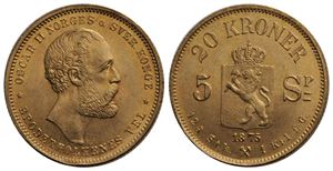 20 kroner/5 Speciedaler 1875 Oscar II. Kv.0/01
