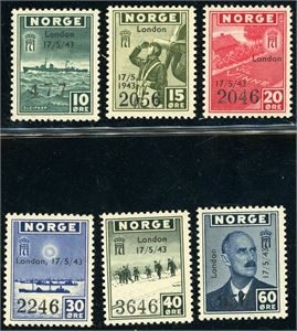 333/38. Londonmerkene med overtrykk i komplett serie. Alle signerte FCM. 60 øren med et kutt mellom 2 tagger.