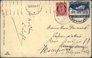 100,Spitbergen E 35. 10 øre posthorn på postkort, stemplet "Bergen 20.8.13" og ved siden påsatt en 20 øre Spitsbergen-etikett, stemplet "Spitzbergen SmerenbergBai 15.Aug.1913". Kortet er sendt til Belgia.