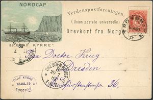 Norcap-kort. "S.S. Olaf Kyrre", frankert med 10 øre 20 mm og stemplet "Trondhjem 18.8.89".Ved siden et lite privatstempel "Olaf Kyrre 12 Jul 89 Nordcap" samt ankomststemplet "Dresden-Neust" i Tyskland. K-2