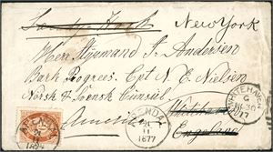 20. 6 skillings porto til U.S.A. 6 skilling Posthorn på konvolutt, stemplet "Arendal 21.11.1877" og sendt til Whitehaven, England, der brevet er stemplet "Whitehaven No 30 77" og vidresendt til New York. Baksiden med bl.a. to stempler fra "New York", og det ser ut til at brevet har ligget der i over 1 måned.