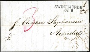 Komplett brev, med linjestempel "Swinemünde 30.8" (1844) og sendt til Arendal.Baksiden med torings "Stralsund 1.9".