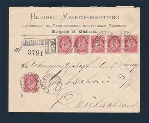 Nk 77 I x6 på dobbeltvektig brev stemplet "KRISTIANIA 19 III 03" til Vetschau, Tyskland. Reklame bak på konvolutten, se bilde nr 2