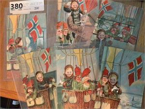Fly, samling  6 ulike kort med Tegnet prins Olav i Luftballong.  Alle kort er brukt. Kortene er fra ca 1905-10.