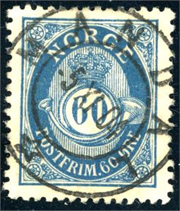 84 X. 60 øre fintagget Knudsen, pent fullstemplet "Mandal 5.11.04". Uvanlig vellsentrert for utgaven.