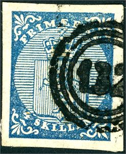 1. 4 skilling våpen 1855, anert med nummerstempel "132" (Hvaløerne, ØF, 10 pkt). Gode marger. Meget uvanlig! Bl.a. attest FCM.