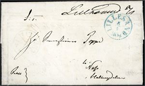 Komplett brev, brukt to ganger: Først stemplet "Christiania 12.12.1853" og sendt til Næs i Hallingdal, der er brevet påskrevet "Næh 19" og omadressert til Lillesand og transittstemplet "Drammen 22.12.1853" på veien. I Lillesand er omslaget vendt, påskrevet "Lillesand 8/1" samt stemplet "Lillesand 8.1.1854" og sendt tilbake til Næs i Hallingdalen. Også på denne veien er brevet transittstemplet "Drammen".