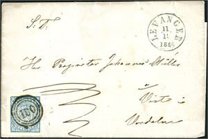 1. 4 skilling Våpen 1855 på brevomslag, annullert med nummerstempel "180" og veds siden stemplet "Levanger 11.11.1856". Merket med tre gode marger, noe smal i høyre side.