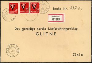 282. Tre stk 20 øre V på bankokonvolutt (Kr 237,04), anert med KPH "Pråmsnes" (AA, 7 pkt), og ved siden stemplet "Birkeland 4.11.41".