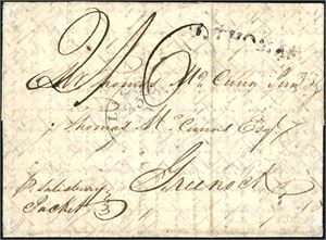 Complete letter, dated "21 December 1818" with the rare straight-line postmark "St Thomas" and sent to Scotland with "Packet" on "(Queenof) Salisburry". Postage "2/6" and "Glasgov 25." cds at front.