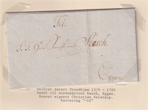Prefil, Helbrev datert Trondhjem 13/9-1788, sendt til sorenskriver Rasch, Eggen.  Brevet er signert Christian Selstrup.  Kartering "-10"